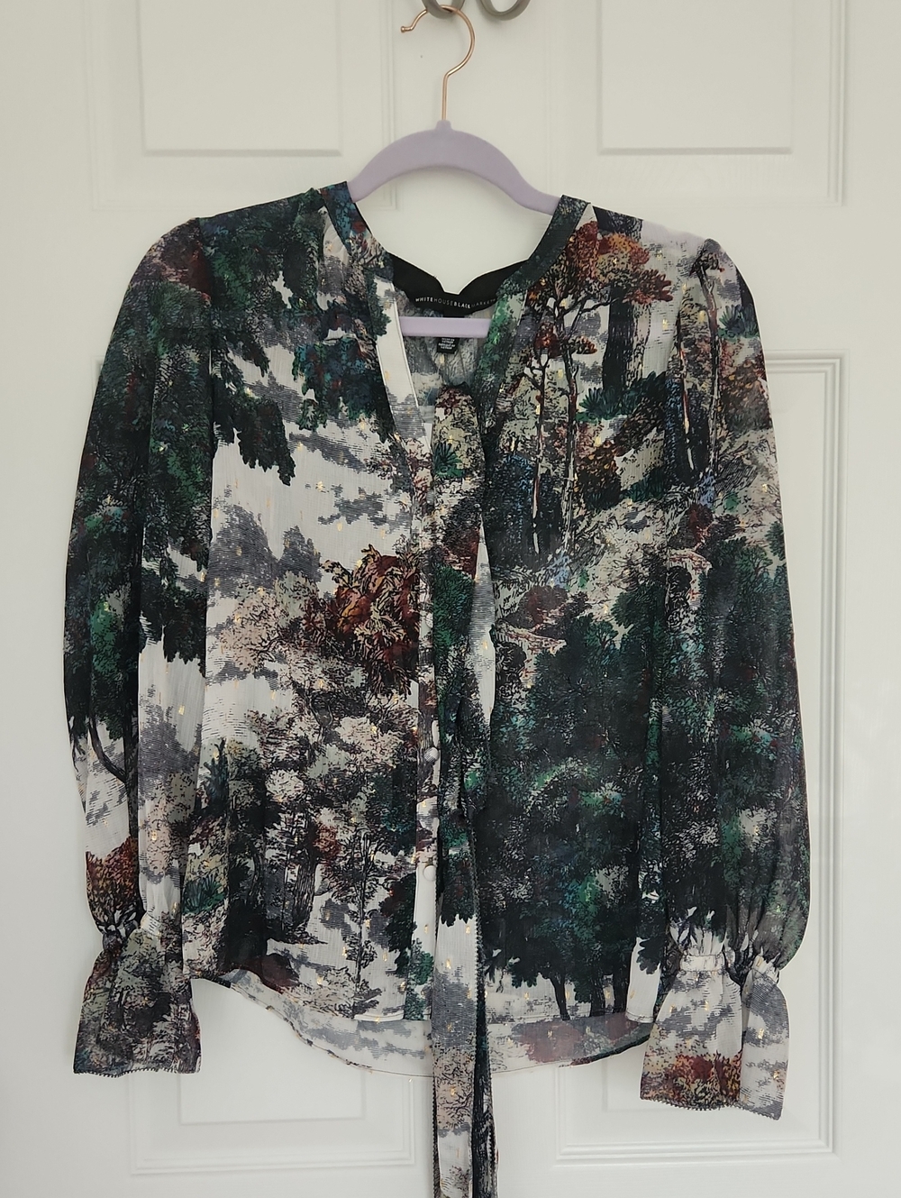 Whimsygoth Chic Work White House Black Market Forest-Print Tie-Neck Blouse